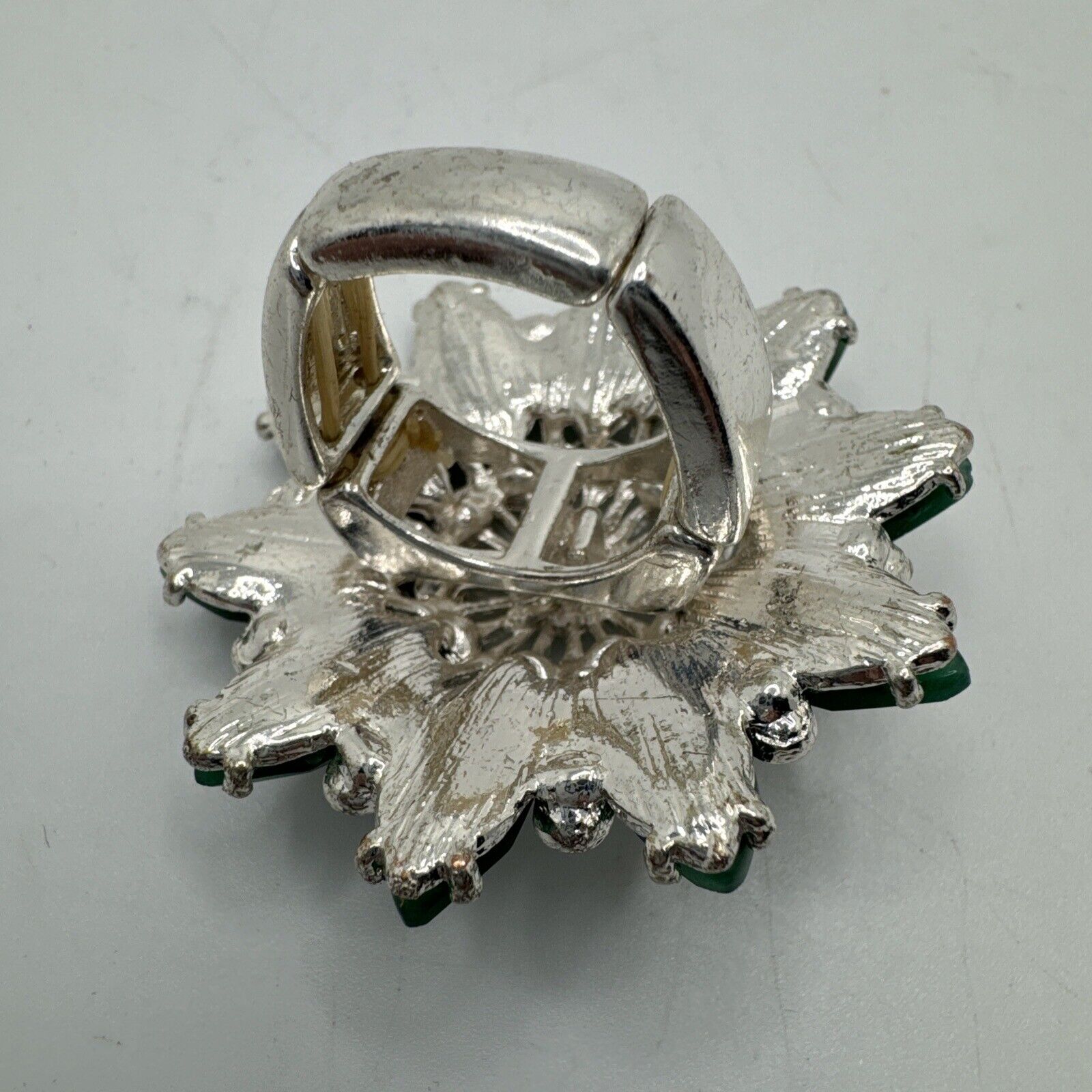 Vintage Large Rhinestone Cocktail Ring Adjustable Green Stones Sparkly Floral